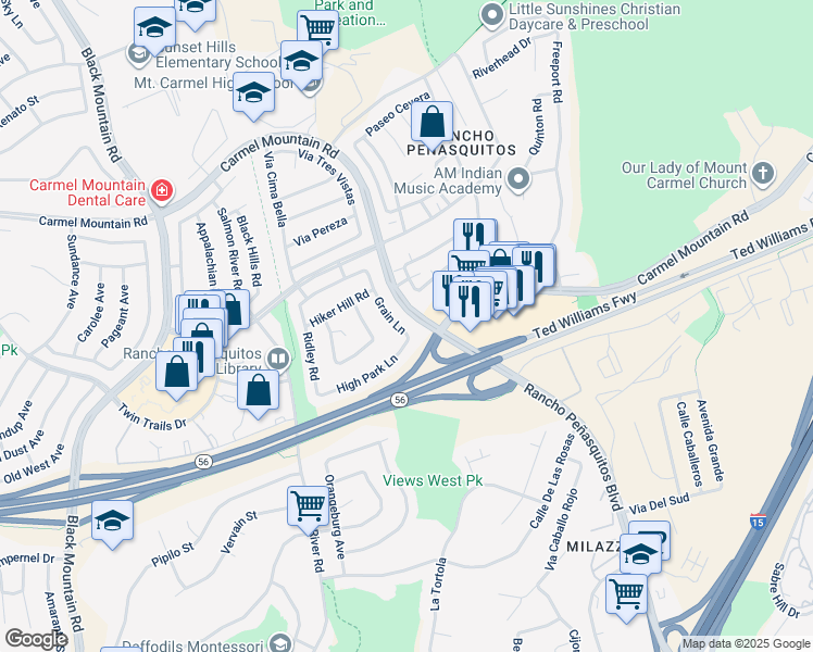 map of restaurants, bars, coffee shops, grocery stores, and more near 13485 Grain Lane in San Diego