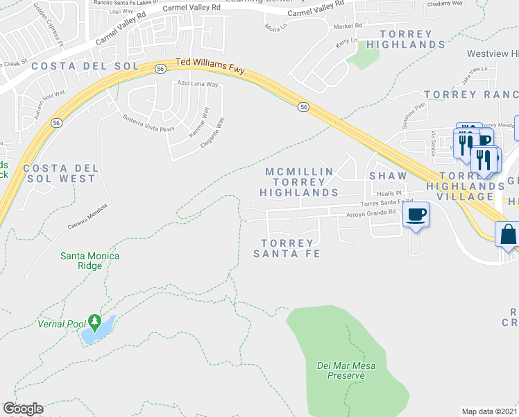 map of restaurants, bars, coffee shops, grocery stores, and more near 6992 Torrey Santa Fe Road in San Diego