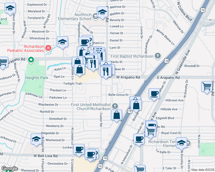 map of restaurants, bars, coffee shops, grocery stores, and more near 800 Custer Road in Richardson