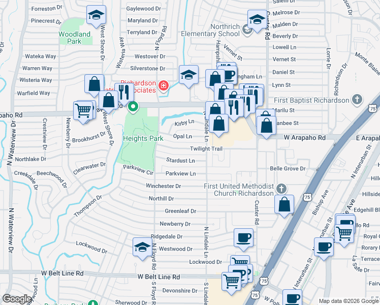 map of restaurants, bars, coffee shops, grocery stores, and more near 611 Twilight Trail in Richardson