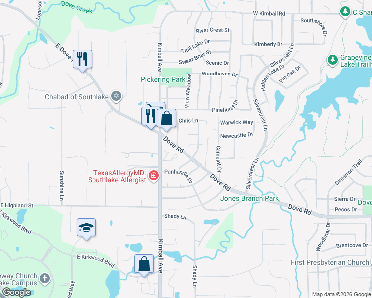 map of restaurants, bars, coffee shops, grocery stores, and more near 3033 Alice Court in Grapevine