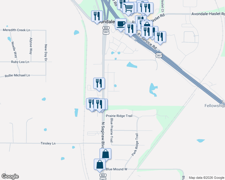 map of restaurants, bars, coffee shops, grocery stores, and more near 12721 U.S. 287 Business in Fort Worth