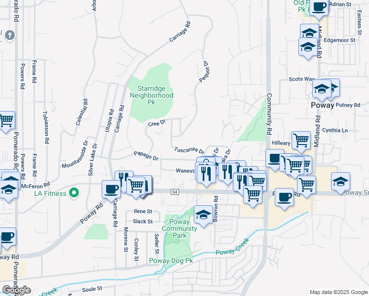 map of restaurants, bars, coffee shops, grocery stores, and more near 13054 Tuscarora Drive in Poway