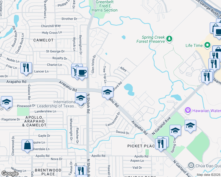 map of restaurants, bars, coffee shops, grocery stores, and more near 2200 Walnut Grove Lane in Garland