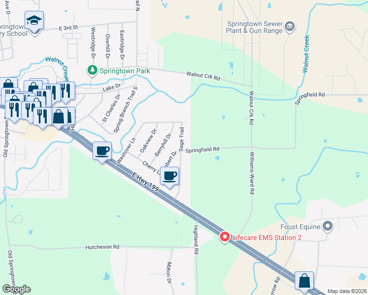map of restaurants, bars, coffee shops, grocery stores, and more near 325 Sage Trail in Springtown