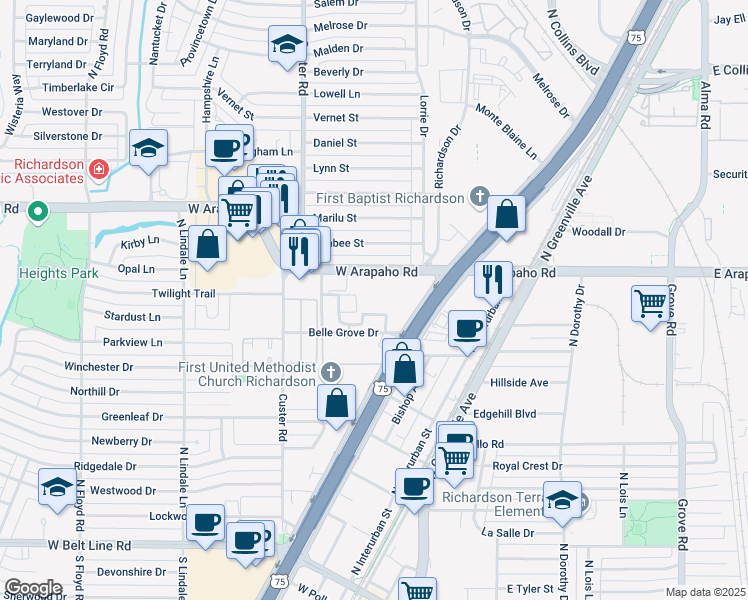 map of restaurants, bars, coffee shops, grocery stores, and more near 411 West Arapaho Road in Richardson
