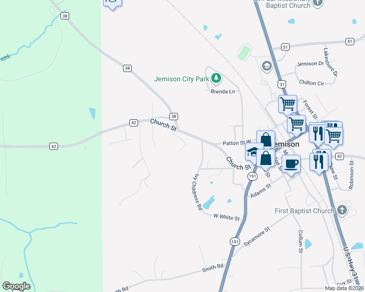 map of restaurants, bars, coffee shops, grocery stores, and more near 230 25th Street in Jemison