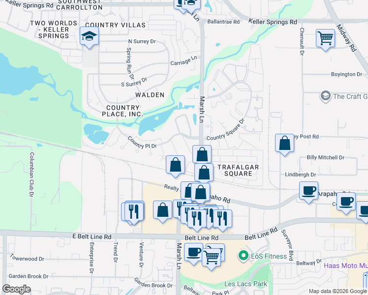 map of restaurants, bars, coffee shops, grocery stores, and more near 2908 Country Place Court in Carrollton