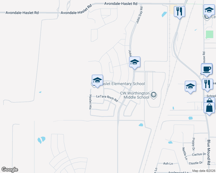 map of restaurants, bars, coffee shops, grocery stores, and more near 504 Prairie View Drive in Haslet