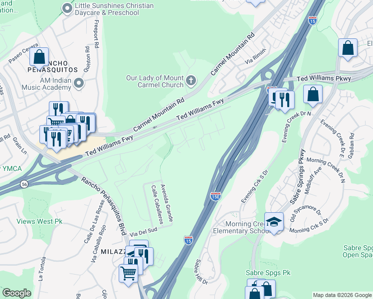 map of restaurants, bars, coffee shops, grocery stores, and more near 13312 Caminito Ciera in San Diego