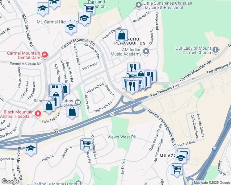 map of restaurants, bars, coffee shops, grocery stores, and more near 13485 Grain Lane in San Diego