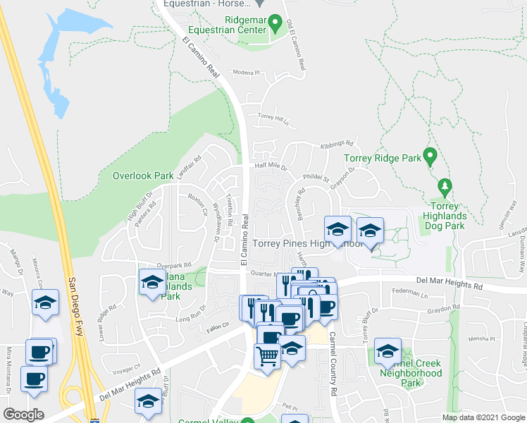 map of restaurants, bars, coffee shops, grocery stores, and more near 3827 Creststone Place in San Diego