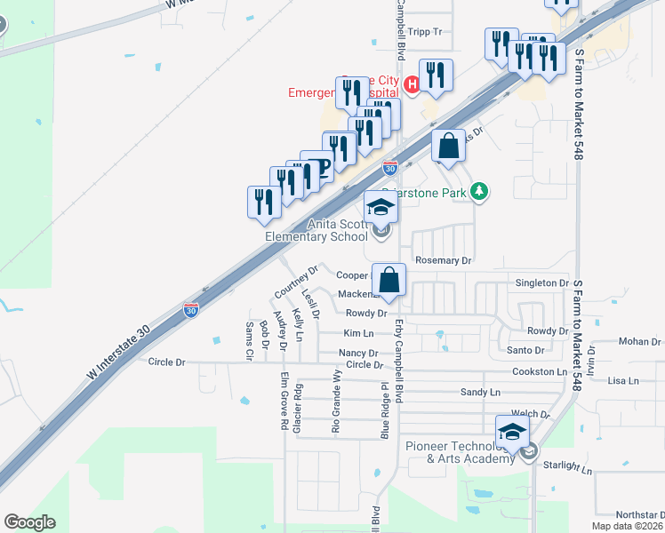 map of restaurants, bars, coffee shops, grocery stores, and more near 908 Cooper Lane in Royse City