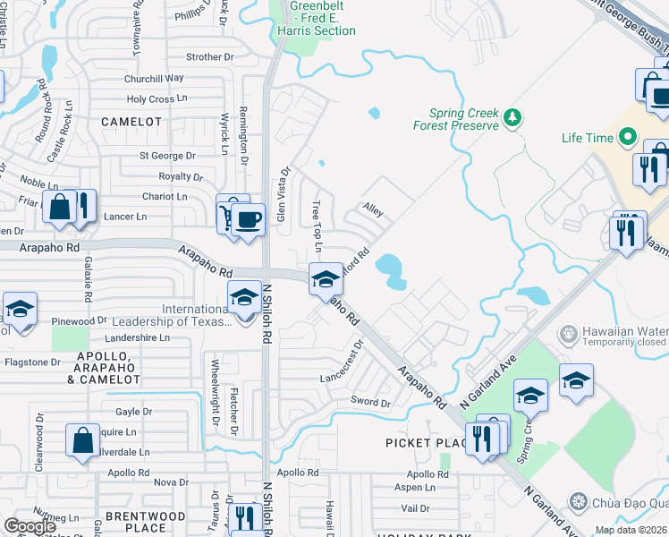 map of restaurants, bars, coffee shops, grocery stores, and more near 2200 Walnut Grove Lane in Garland