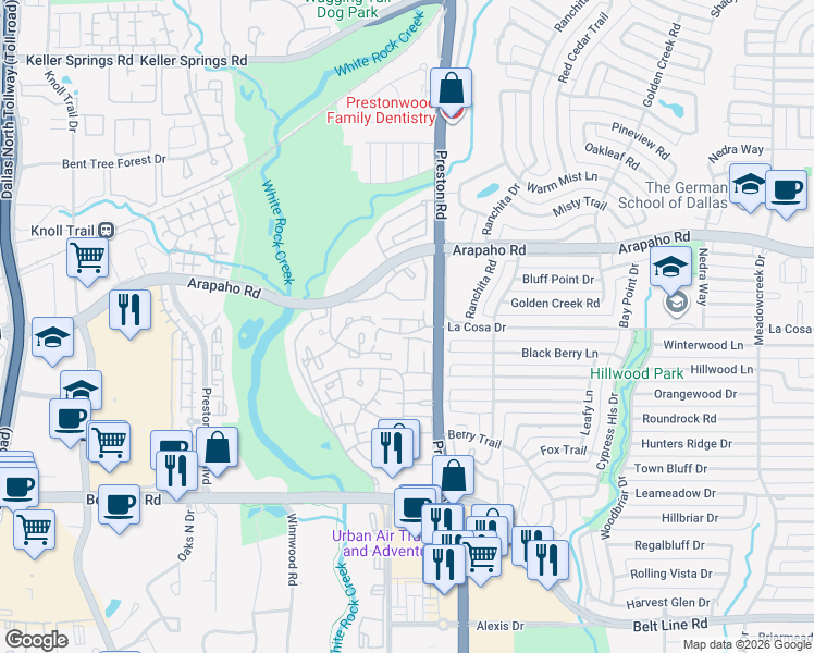 map of restaurants, bars, coffee shops, grocery stores, and more near 15615 Preston Road in Dallas