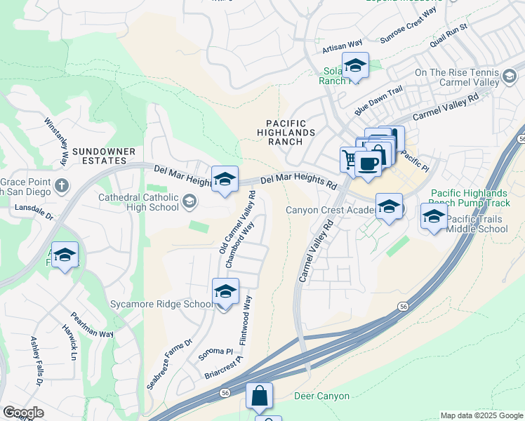 map of restaurants, bars, coffee shops, grocery stores, and more near 13164 Chambord Wy Road in San Diego