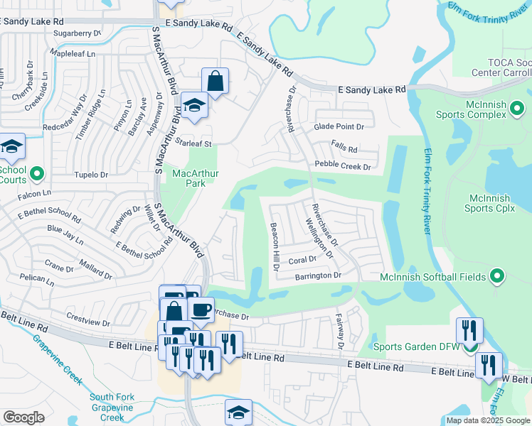 map of restaurants, bars, coffee shops, grocery stores, and more near 409 Beacon Hill Drive in Coppell