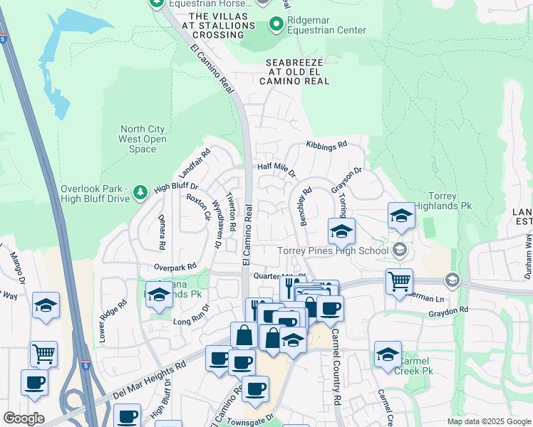 map of restaurants, bars, coffee shops, grocery stores, and more near 3829 Creststone Place in San Diego