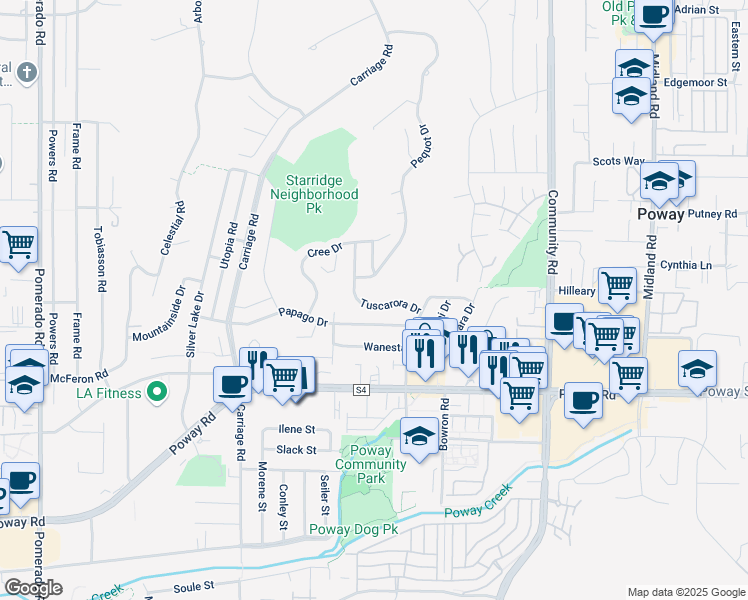 map of restaurants, bars, coffee shops, grocery stores, and more near 13050 Tuscarora Drive in Poway