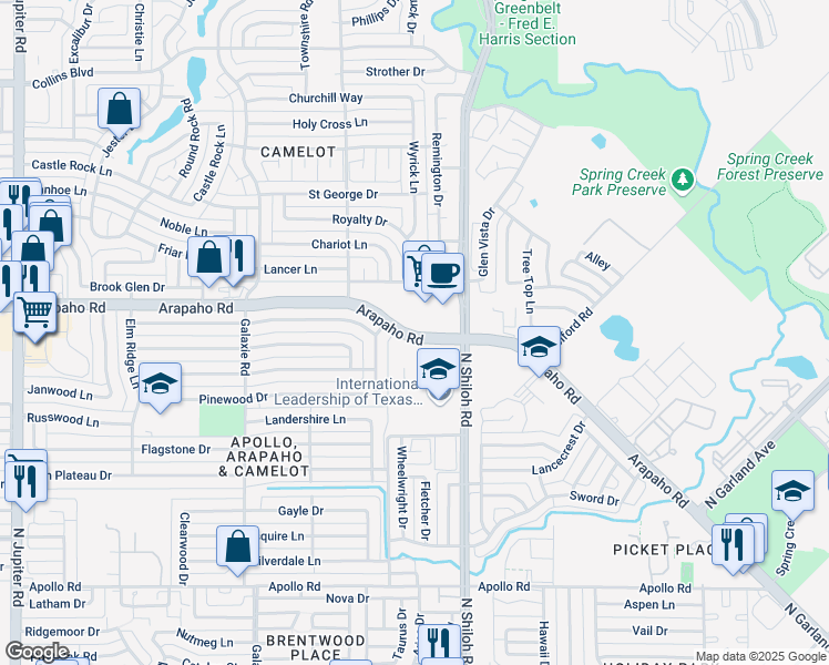 map of restaurants, bars, coffee shops, grocery stores, and more near 2625 Arapaho Road in Garland