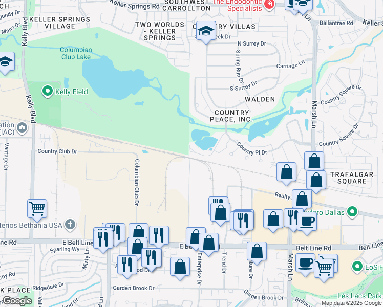 map of restaurants, bars, coffee shops, grocery stores, and more near 2610 Lakehill Lane in Carrollton