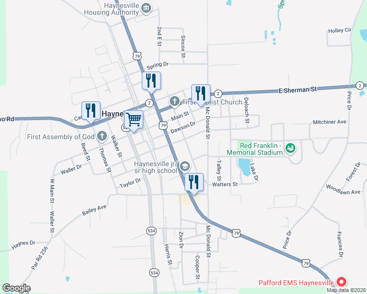map of restaurants, bars, coffee shops, grocery stores, and more near 1167 Frasier Street in Haynesville
