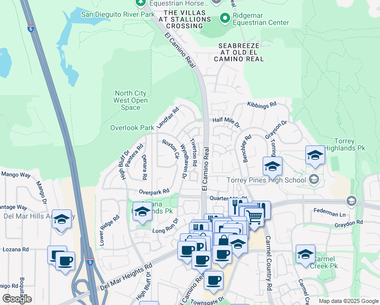 map of restaurants, bars, coffee shops, grocery stores, and more near 13398 Tiverton Road in San Diego