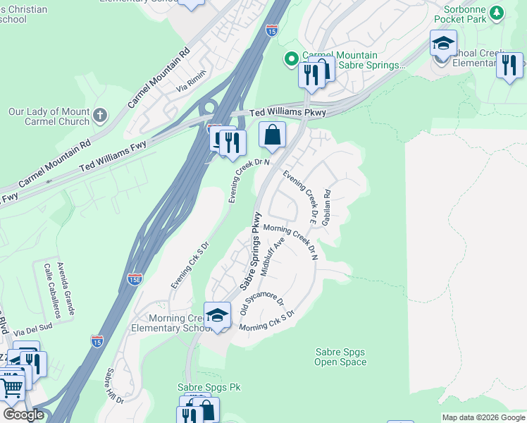 map of restaurants, bars, coffee shops, grocery stores, and more near 13368 Cool Lake Way in San Diego