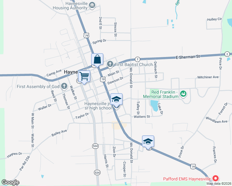 map of restaurants, bars, coffee shops, grocery stores, and more near 1167 Frasier Street in Haynesville
