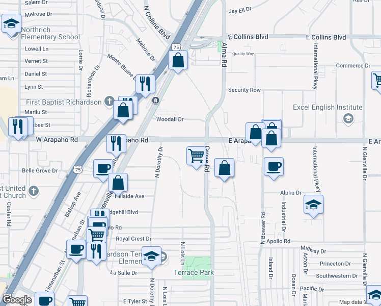 map of restaurants, bars, coffee shops, grocery stores, and more near 250 East Arapaho Road in Richardson