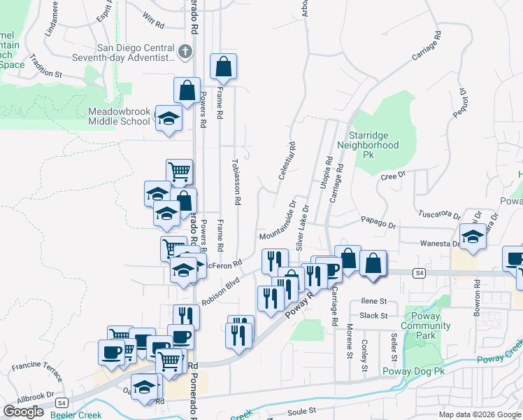 map of restaurants, bars, coffee shops, grocery stores, and more near 12701 McFeron Road in Poway