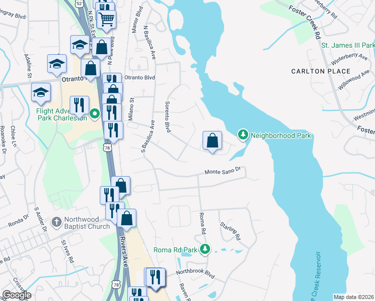 map of restaurants, bars, coffee shops, grocery stores, and more near 18 Francesca Avenue in Hanahan