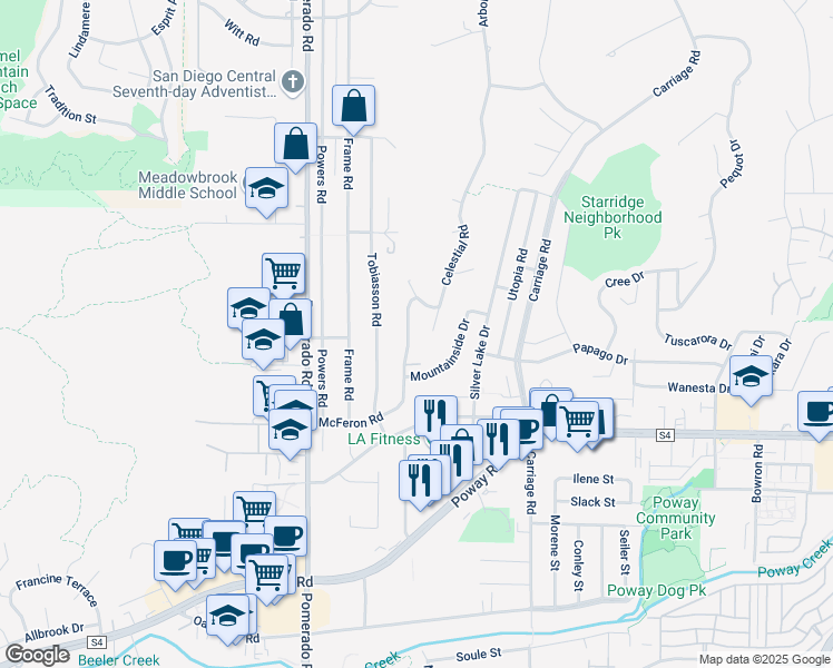 map of restaurants, bars, coffee shops, grocery stores, and more near 12701 McFeron Road in Poway