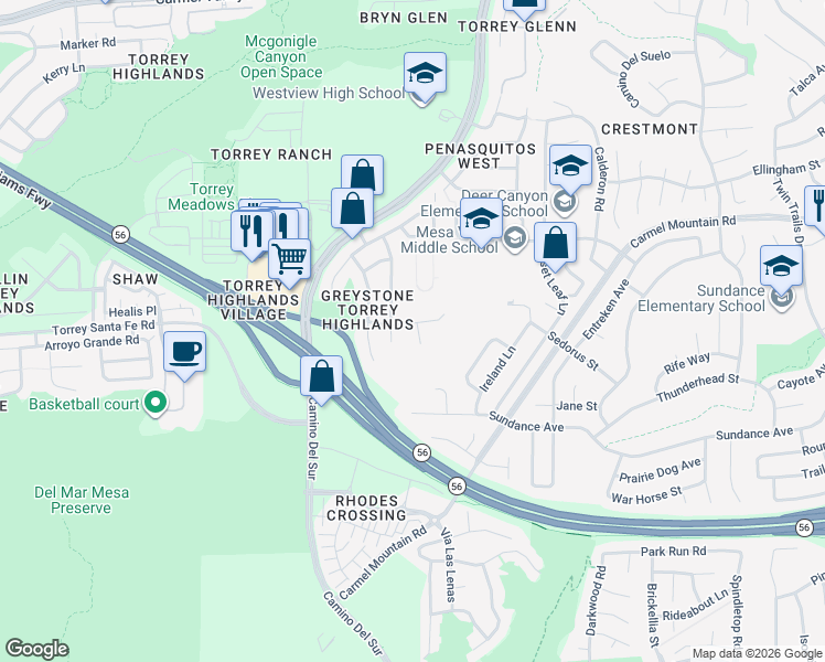 map of restaurants, bars, coffee shops, grocery stores, and more near 8271 Stage Coach Place in San Diego