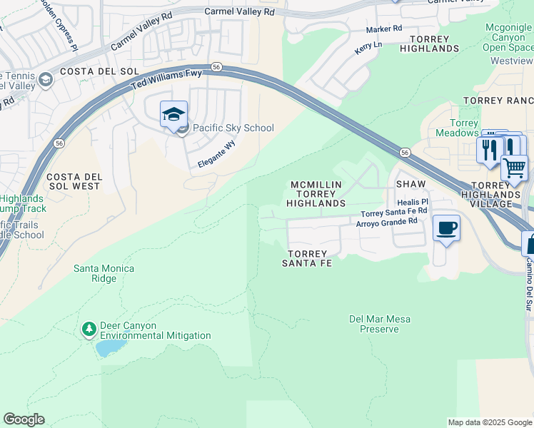 map of restaurants, bars, coffee shops, grocery stores, and more near 6992 Torrey Santa Fe Road in San Diego