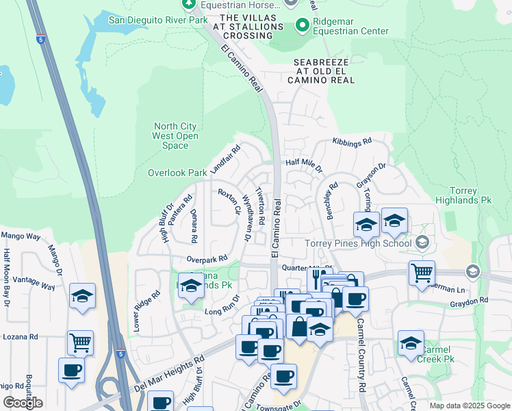 map of restaurants, bars, coffee shops, grocery stores, and more near 13350 Tiverton Road in San Diego