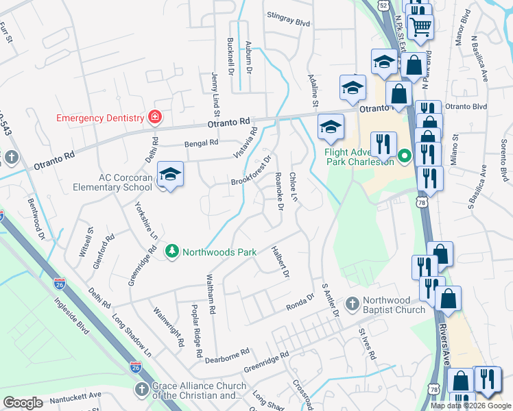 map of restaurants, bars, coffee shops, grocery stores, and more near 8471 Yadkin Circle in North Charleston