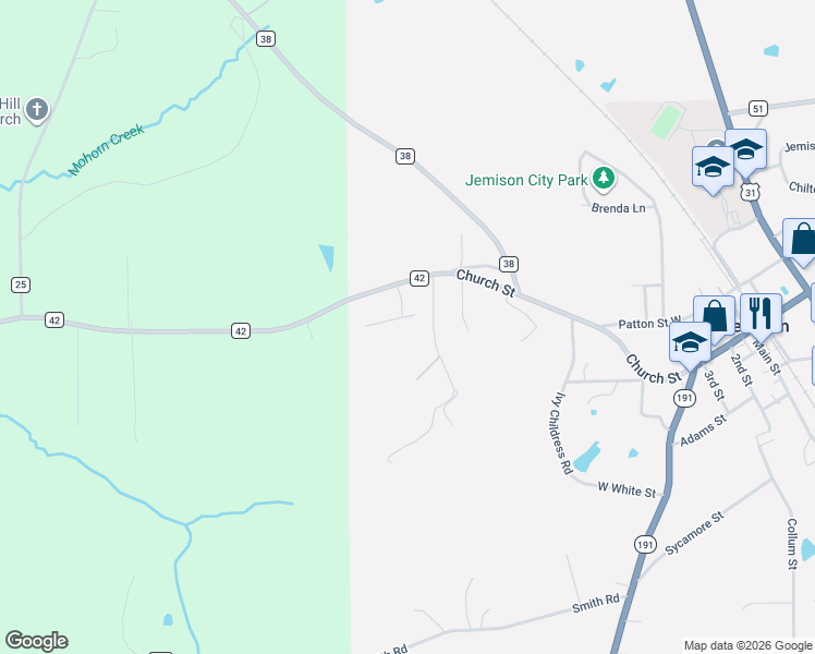 map of restaurants, bars, coffee shops, grocery stores, and more near 7540-7602 County Road 42 West in Jemison