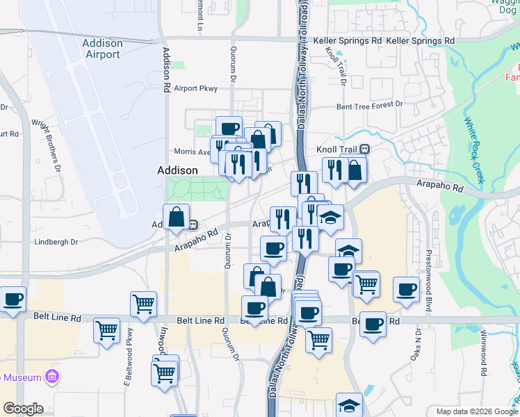 map of restaurants, bars, coffee shops, grocery stores, and more near 5002 Arapaho Road in Addison