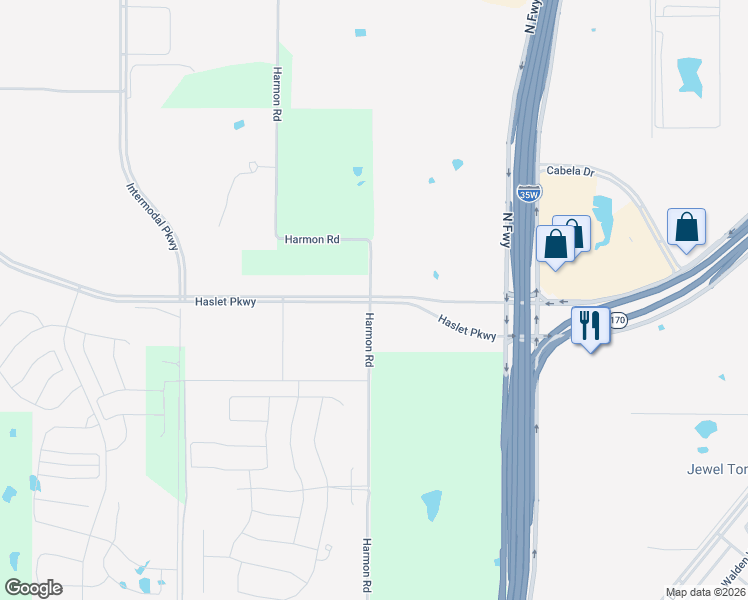 map of restaurants, bars, coffee shops, grocery stores, and more near 801-899 Harmon Road in Haslet