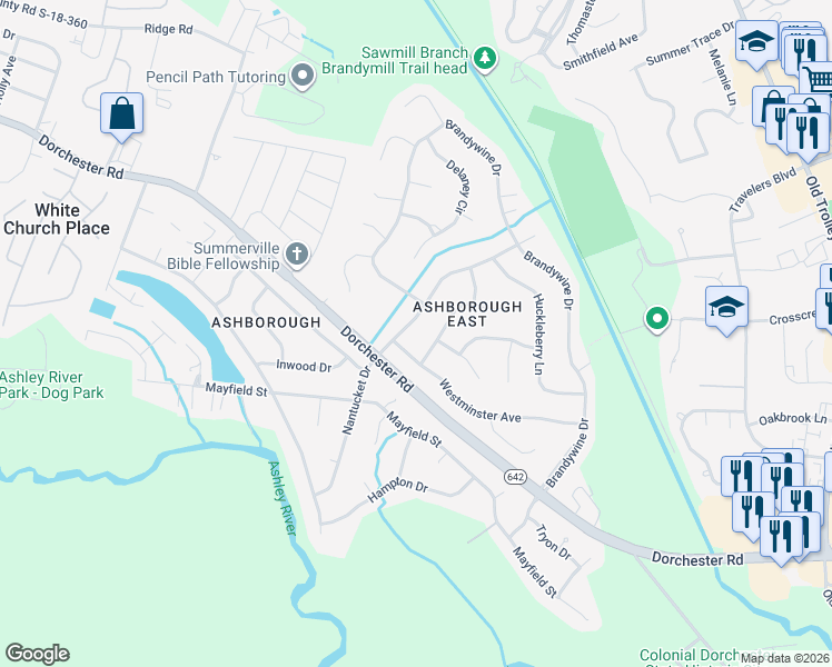 map of restaurants, bars, coffee shops, grocery stores, and more near 302 Middleton Boulevard in Summerville