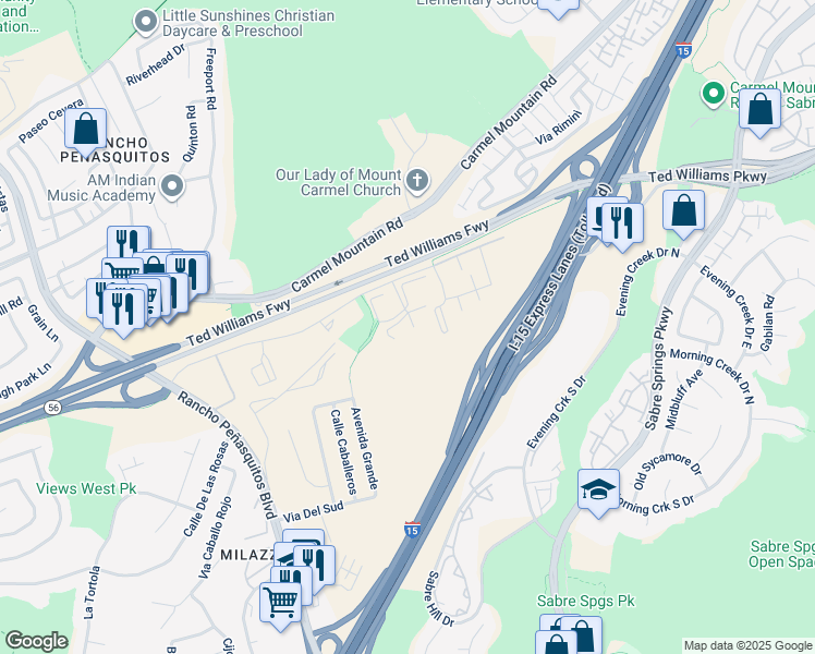 map of restaurants, bars, coffee shops, grocery stores, and more near 13312 Caminito Ciera in San Diego