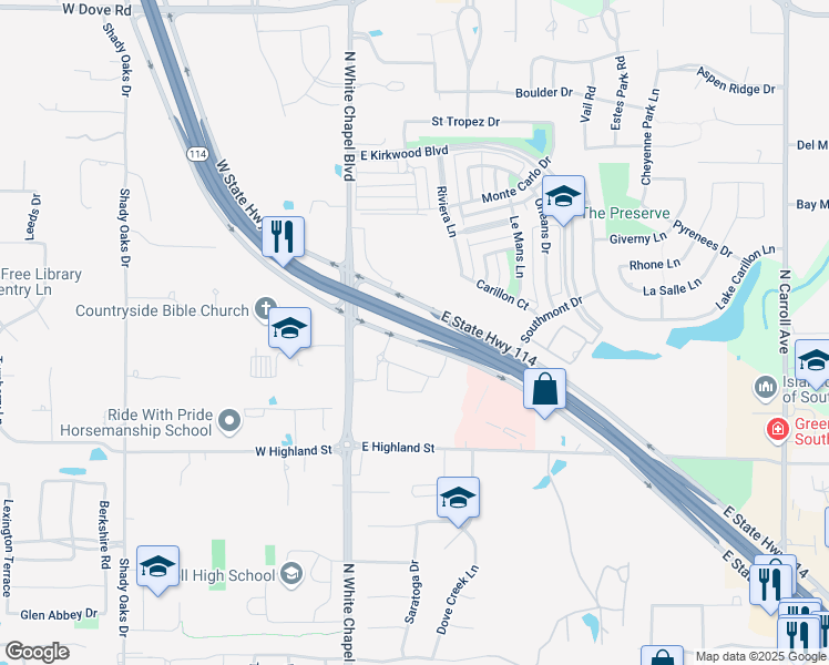 map of restaurants, bars, coffee shops, grocery stores, and more near 700 East State Highway 114 in Southlake