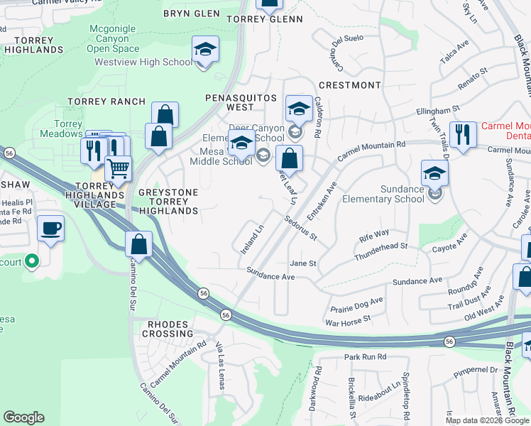 map of restaurants, bars, coffee shops, grocery stores, and more near 13226 Ireland Lane in San Diego