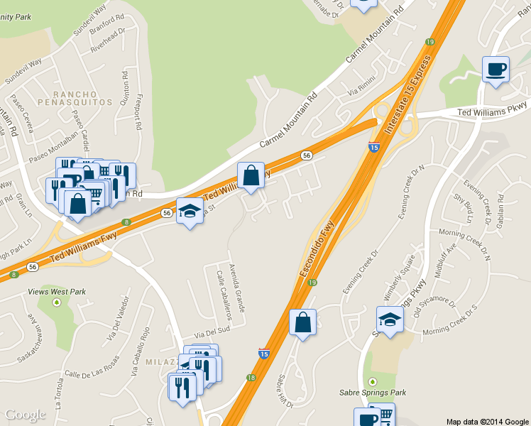 map of restaurants, bars, coffee shops, grocery stores, and more near 13312 Caminito Ciera in San Diego