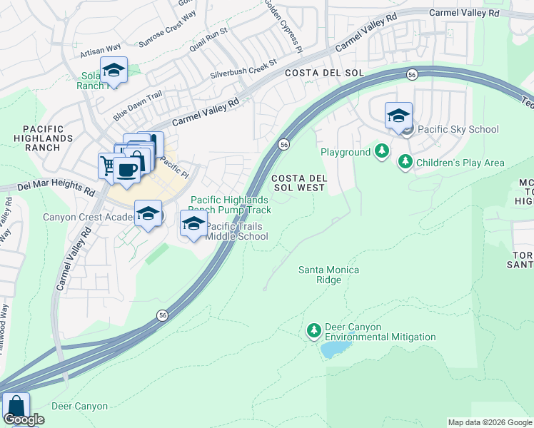 map of restaurants, bars, coffee shops, grocery stores, and more near 6335 Peach Way in San Diego