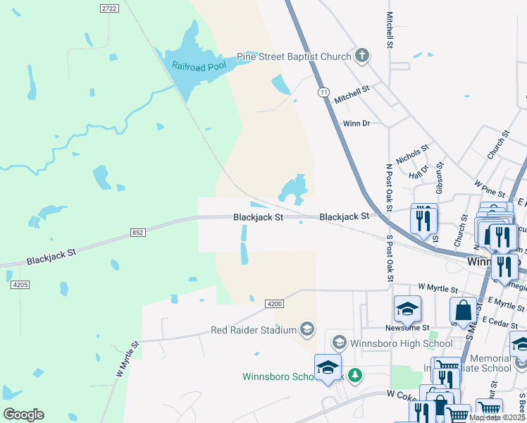 map of restaurants, bars, coffee shops, grocery stores, and more near 780 Blackjack Street in Winnsboro