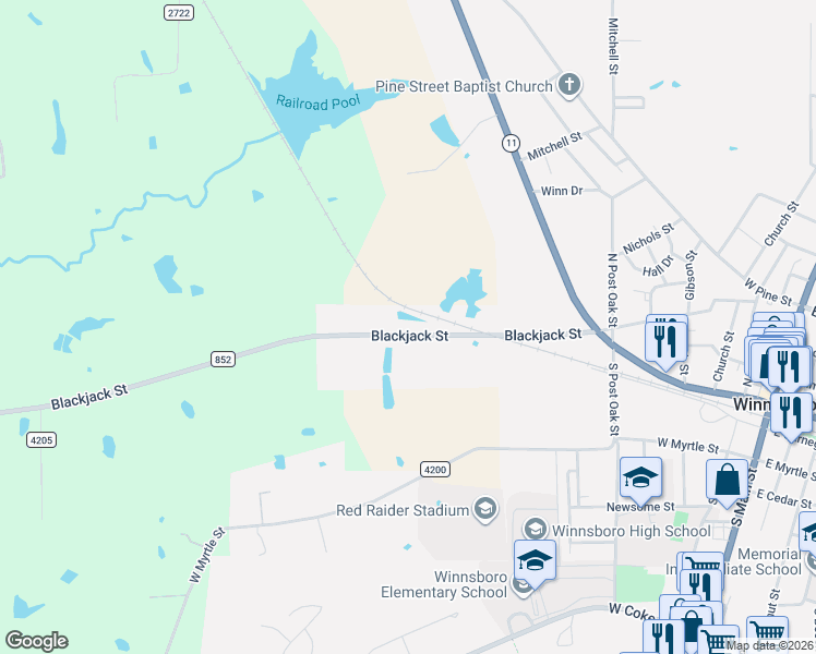 map of restaurants, bars, coffee shops, grocery stores, and more near 780 Blackjack Street in Winnsboro