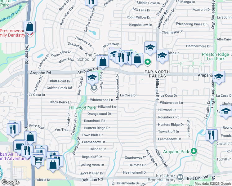 map of restaurants, bars, coffee shops, grocery stores, and more near 6763 Winterwood Lane in Dallas