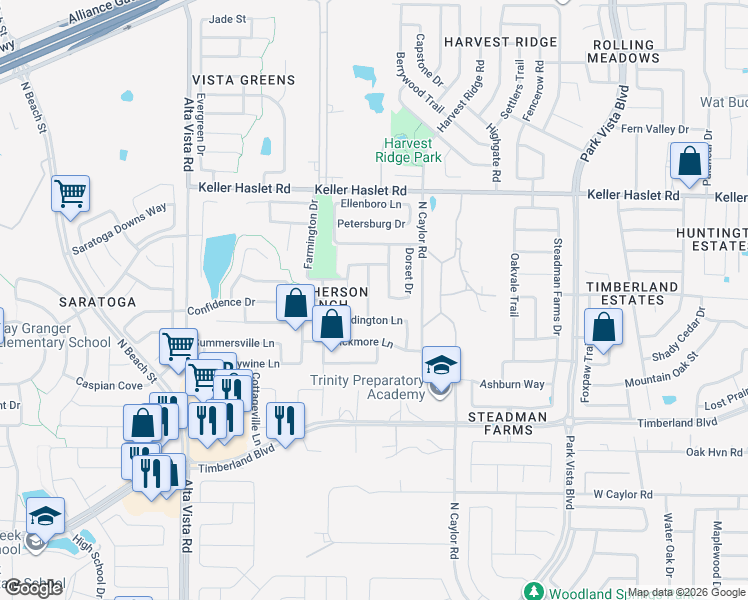 map of restaurants, bars, coffee shops, grocery stores, and more near 12820 Danville Drive in Fort Worth